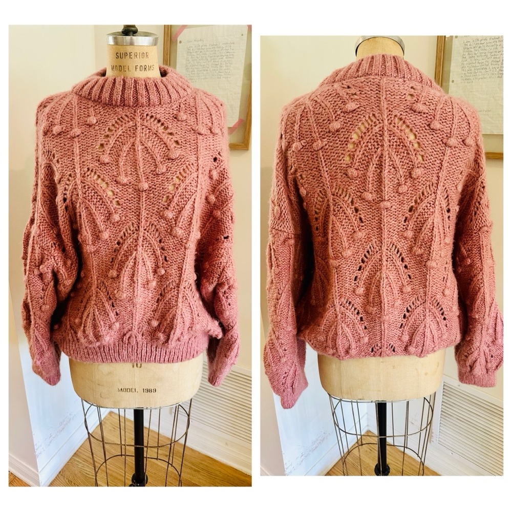 ONLY Cable Knit Pom Pom Trim Sweater in Rose Pink, XL